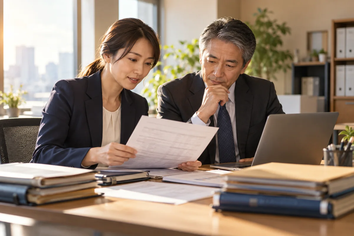 過去の顧客情報を整理して再提案の方針を検討する営業担当者のイメージ