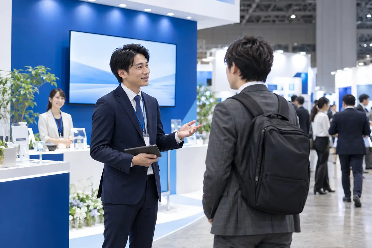 展示会ブース前で営業スタッフが来場者へ声をかけるイメージ