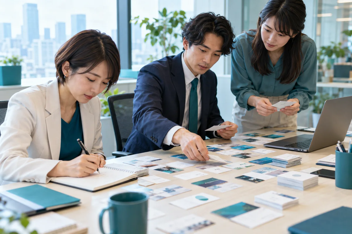 展示会後に名刺と商談メモを整理しフォローの準備をするチームのイメージ