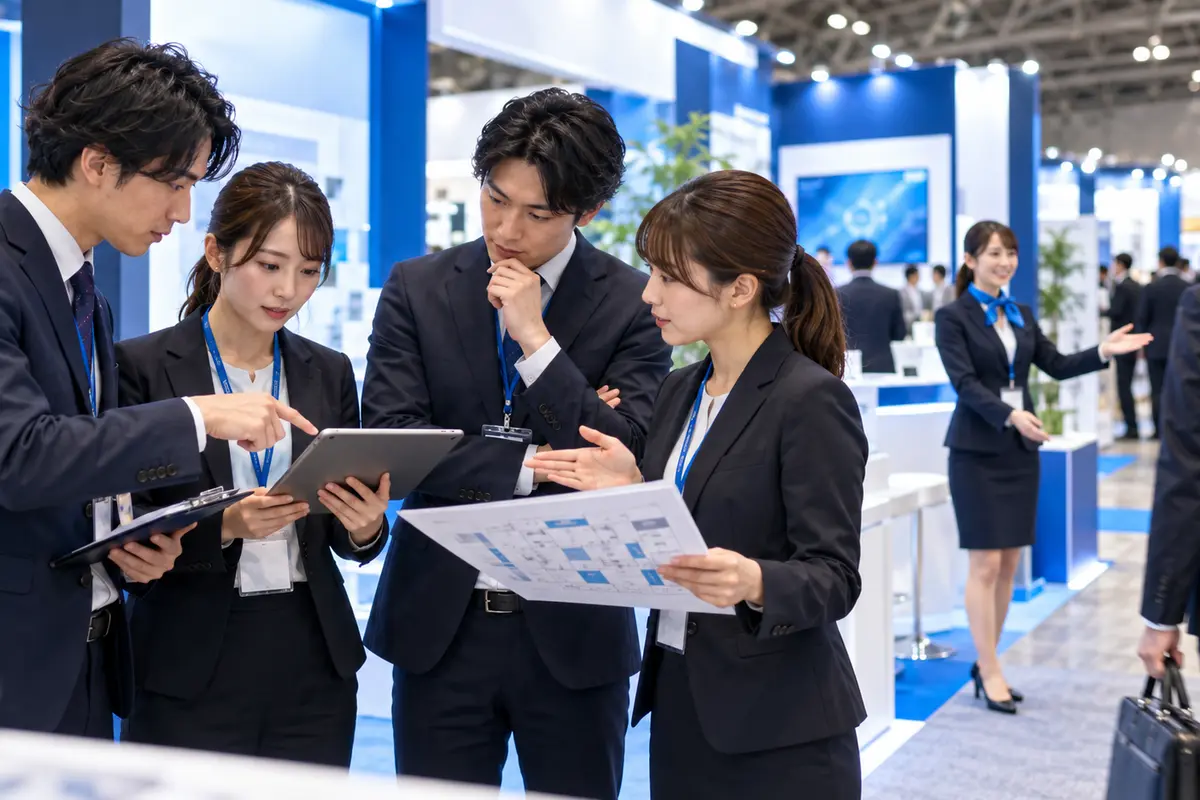 展示会ブースで役割分担を確認する営業スタッフチームのイメージ