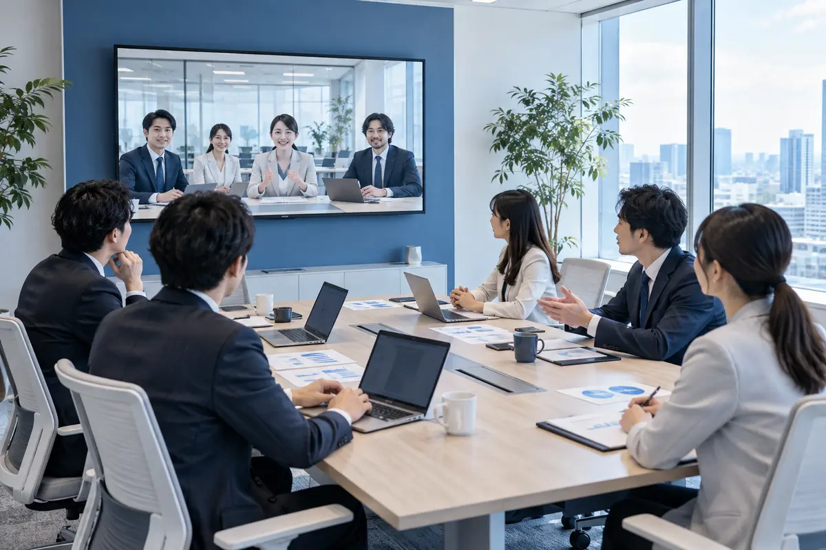 会議室とオンラインの外部チームが営業活動を相談している様子