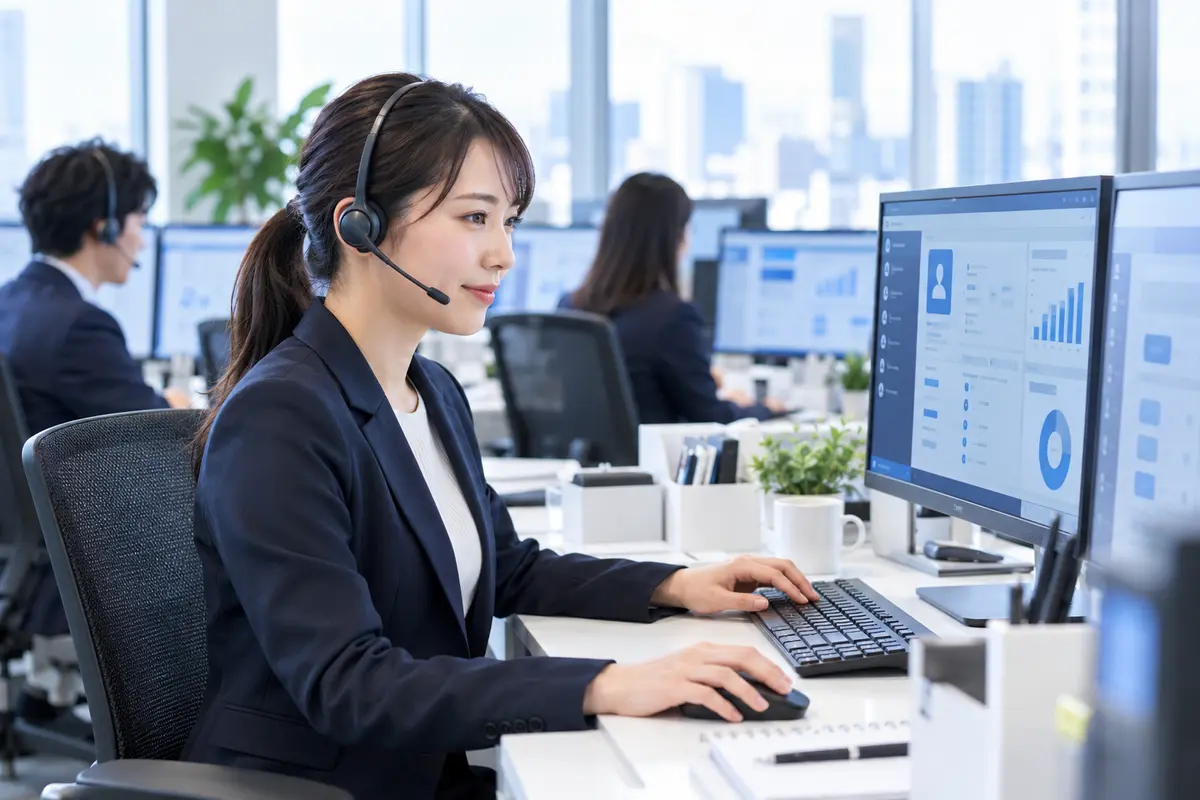 顧客情報を確認しながらヘッドセットで対応する営業担当者
