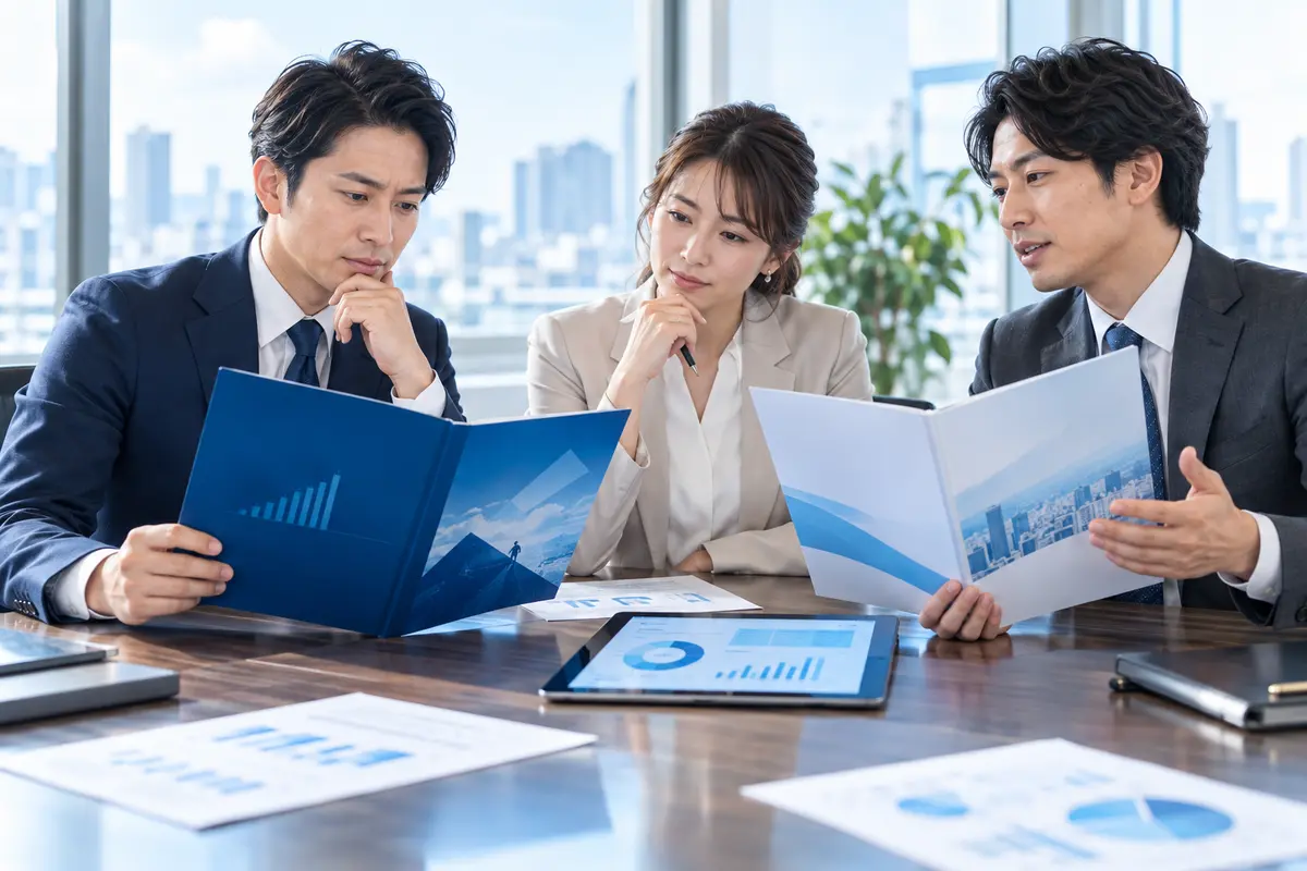 成果報酬型と固定報酬型の提案内容を比較する営業チーム
