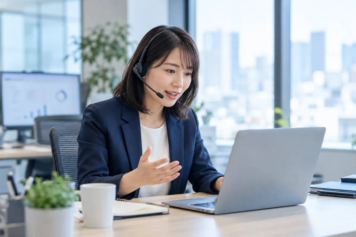 ヘッドセットを使ってSaaSの導入相談に対応する営業担当者のイメージ