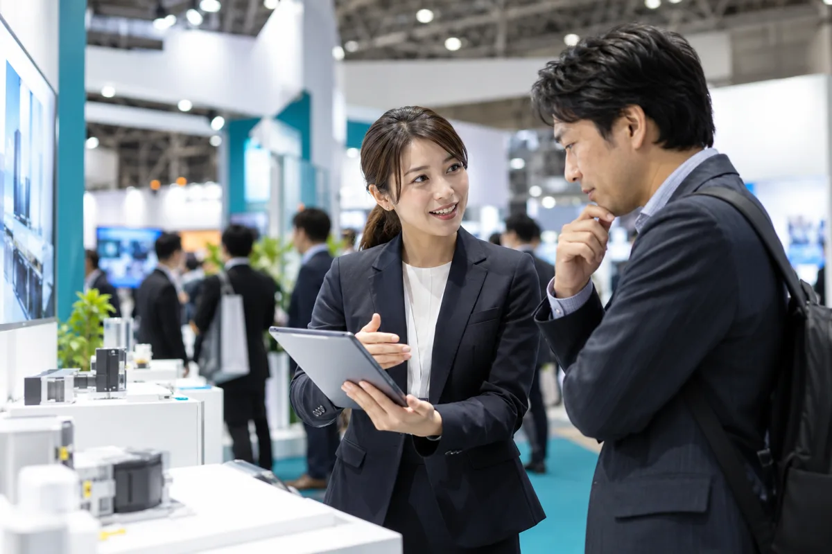 展示会ブースで来場者の関心を聞きながら商材を説明する営業担当者のイメージ